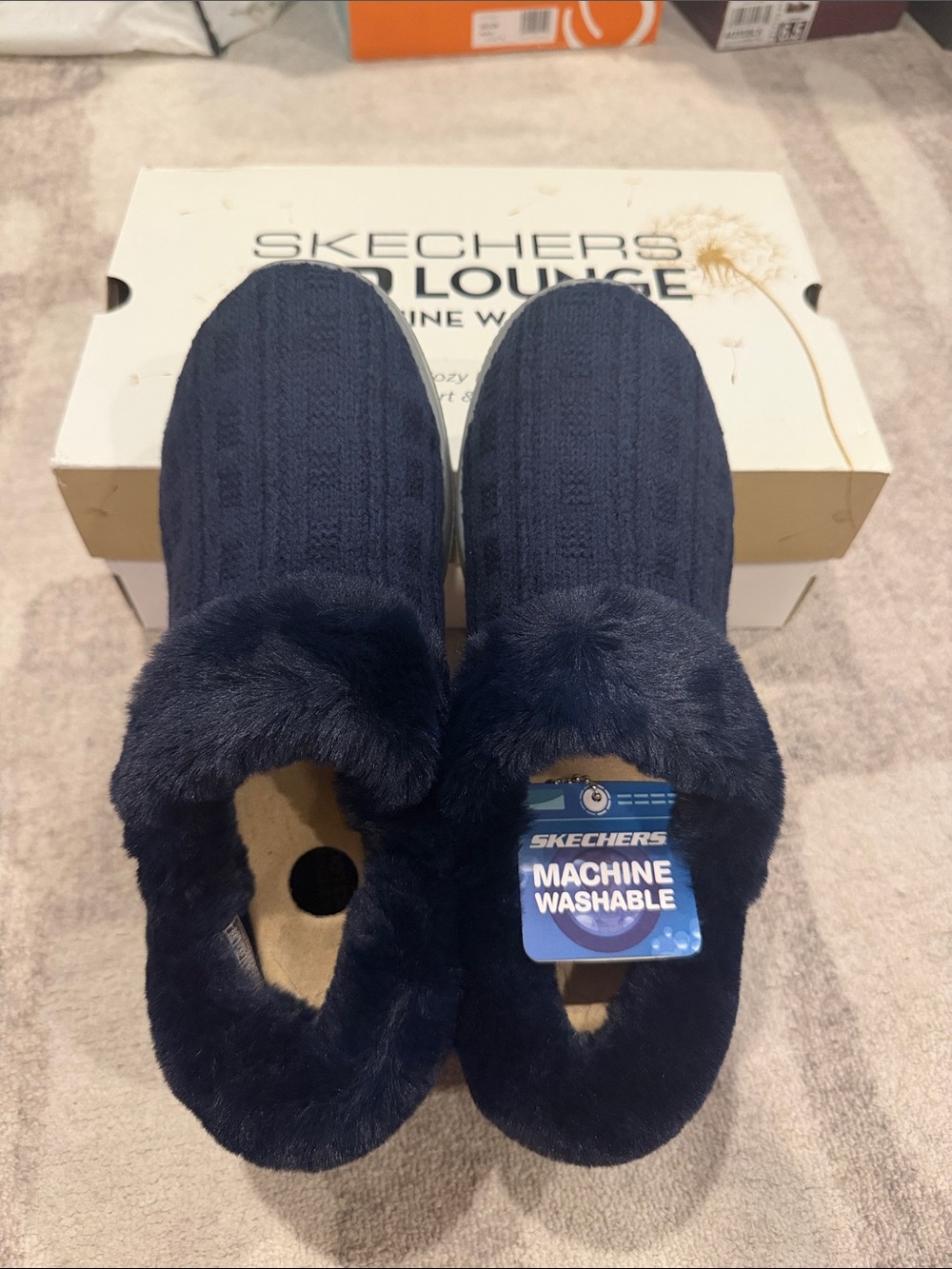 Skechers Navy Faux-Fur Lined Slip-On Slippers